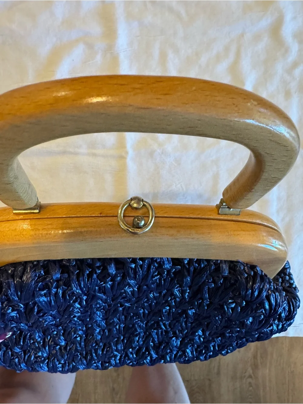 Handwoven Navy Blue Raffia Clutch with Wooden Handle